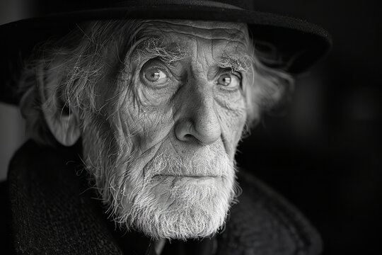 A black and white portrait capturing the weathered face of an elderly man. Fujifilm X-T3, 1/1250sec at f/2.8, ISO 160, 84mm.