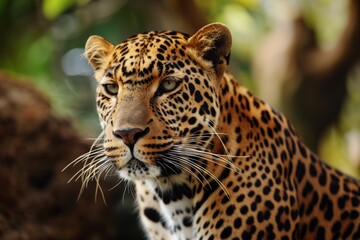 Obraz premium African leopard female pose in beautiful day light, African leopard face, AI generated