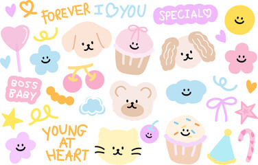 Obraz premium Pastel illustration of puppy, teddy bear, cat, cupcake, cloud, flowers, candy, cherry, BOSS BABY letters for animals, pet, vet, pet shop, zoo, easter, cartoon, character, mascot, standee, stickers, ad