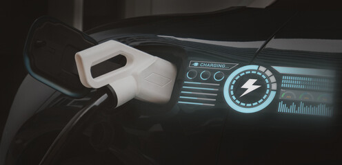 A EV car is charging at a charging station with virtual screen show power charging status and battery health. Eco electric vehicle technology and green energy concept.