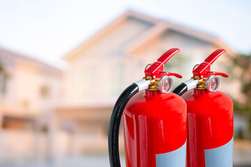 Fire extinguisher on residential background