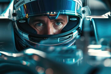 The picture of the formula one or f1 racer wearing the helmet for protection, the racing driver is...