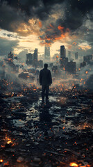 Fototapeta premium Lone Entrepreneur Stands Amidst the Ruins of a Failed Startup Venture,Facing the Challenges of a Changing Urban Landscape