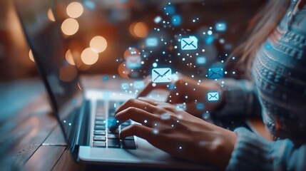 A woman is typing on her laptop. She is surrounded by email icons. The background is blurry and has a warm, inviting feel.