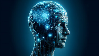 Obraz premium a human head profile made entirely of electronic circuits and glowing components in a cool blue color scheme.