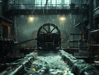 Textile mill, spinning wheel, revolutionary transformation, workers laboring, rain, 3D render, backlight, chromatic aberration