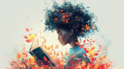 An illustration of a black woman reading a book with a beautiful fall theme.
