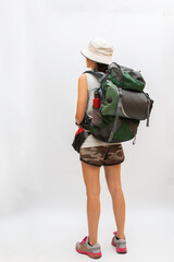 Hiker woman Beautiful race Asian on white background