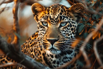 Fototapeta premium African leopard female pose in beautiful day light, African leopard face, AI-generated