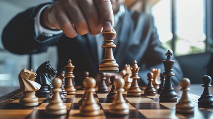 A businessperson in a suit and tie is shown in the middle of a chess game