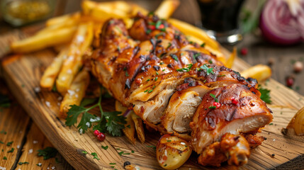juicy chicken shawarma with French fries on the wooden table, grilled meat 