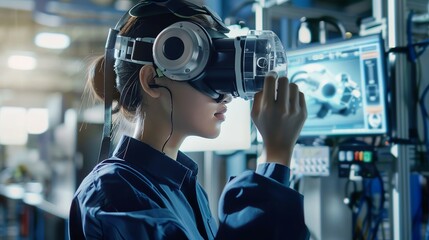 A young female engineer wearing a virtual reality headset works on a project in a modern industrial facility.