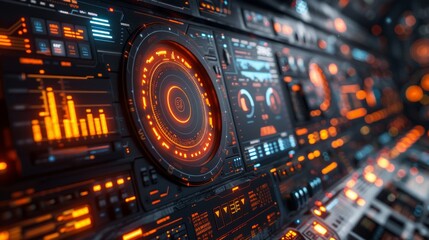 Obraz premium Futuristic spaceship control panel with glowing displays