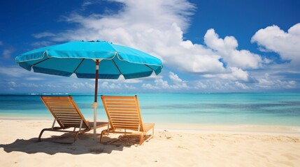 Beach chairs and umbrella on the tropical beach with blue sky background