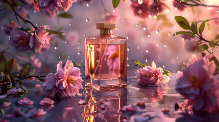 Picture an exquisite scene where a bottle of perfume takes center stage atop a table, surrounded by a lush arrangement of pink flowers