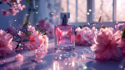 Picture an exquisite scene where a bottle of perfume takes center stage atop a table, surrounded by a lush arrangement of pink flowers