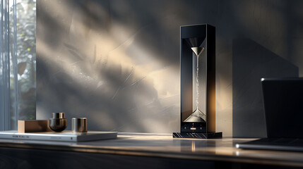 Visualize a breathtaking scene where a sand timer stands as a silent sentinel, its slender frame holding a small reserve of sand that continues to trickle away with each passing moment