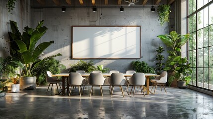 Modern meeting room with large windows and lush indoor plants