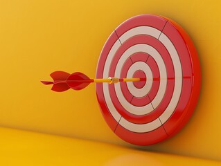  A red and white target with an arrow hitting the bullseye on a yellow background