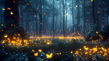 Mesmerizing Fireflies Dancing in a Moonlit Forest with Bioluminescent Glow and Impressionist-Inspired Atmosphere