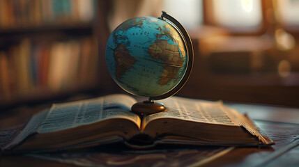 Visualize a striking image where a world globe is isolated atop round book pages, symbolizing...
