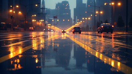 Fototapeta premium Abstract neon lights reflection on wet asphalt with smoke in dark empty city street at night