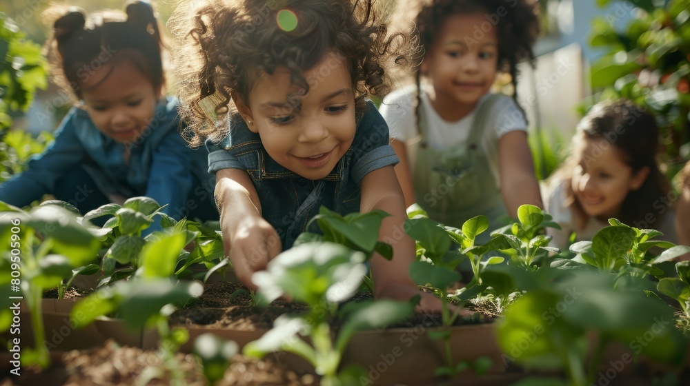 Wall mural Kids at a community garden, tending to their plants and flowers with enthusiasm. Planting, and enjoying their labor as their garden flourishes hyper realistic 