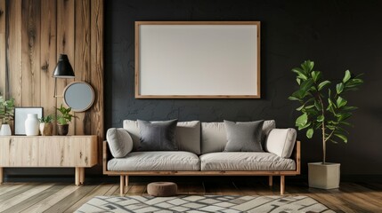 Japanese interior design of modern living room, home. Mid-century sofa near wooden cabinet against dark wall with poster, frame. hyper realistic 