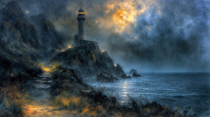 Moonlit Lighthouse on Stormy Coast, Waves Crash Against Rocky Cliffs, Symbol of Hope and Safety