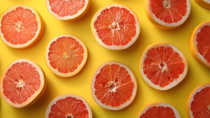 Vibrant Grapefruit Slices Forming an Artful Pattern on a Bright Yellow Background