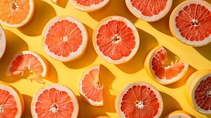 Vivid Grapefruit Slices Arranged in Captivating Geometric Pattern on Bright Backdrop for Appetizing Magazine Cover
