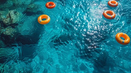 Summer fun in a bright blue pool with vibrant orange floats