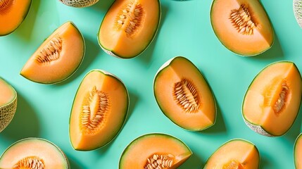 Fototapeta premium Vibrant Cantaloupe Slices Artfully Arranged on Colorful Background