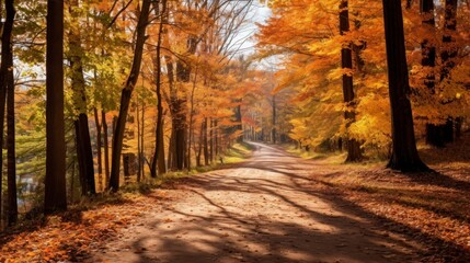 Obraz premium Autumn road in the forest with yellow leaves and trees in the background
