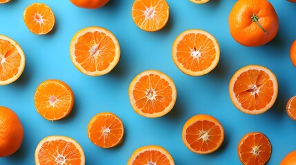 Vibrant Clementine Citrus Slices on Bright Blue Background,Fun Geometric Pattern