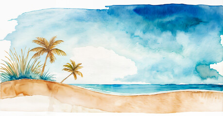 A watercolor painting of a beach with palm trees and a blue sky.