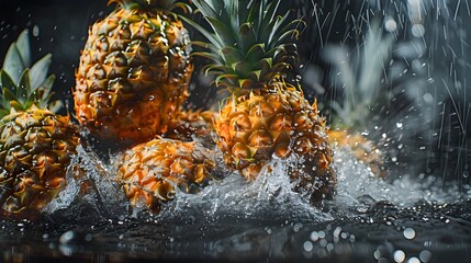 Ripe Pineapples Falling into Dark Water Tank Creating Colorful Splash Patterns