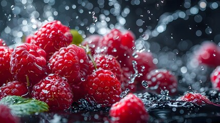 Ripe Raspberries Plunging into Reflective Black Water,Creating Vibrant Splash Patterns