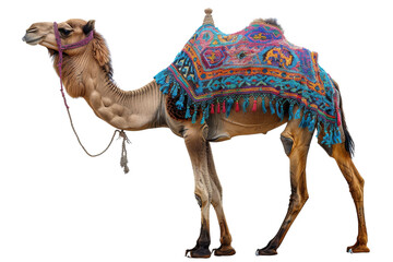 A beautifully adorned camel stands isolated against transparent, with intricate saddle and leg...