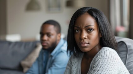 African American Couple in Counseling, Woman Contemplating
