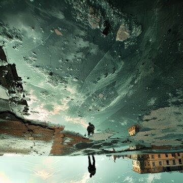 upside down reflection of a person walking on a stone pier with the sky and clouds reflected in the water below.