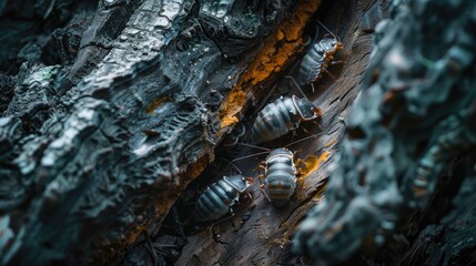Macro Photography of Isopods on Tree Bark in Dense Forest - Powered by Adobe