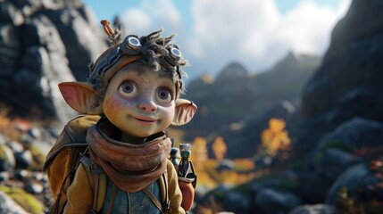 A cute cartoon character with background with mountains. 