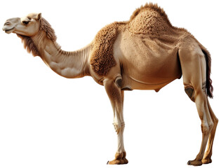 A beautifully adorned camel stands isolated against transparent, with intricate saddle and leg...