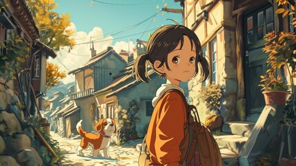 Cute Girl and Pet Dog in Anime-Style Background.