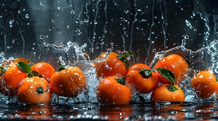 Ripe Persimmons Cascading into Reflective Black Water with Vibrant Splashes and Droplets