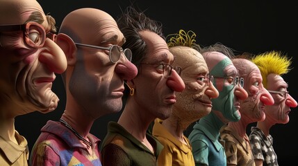 3d different faces in the sequence with multiple expressions on faces.