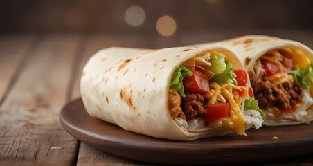 tortilla wrap with meat and vegetables on a wooden background. - Powered by Adobe