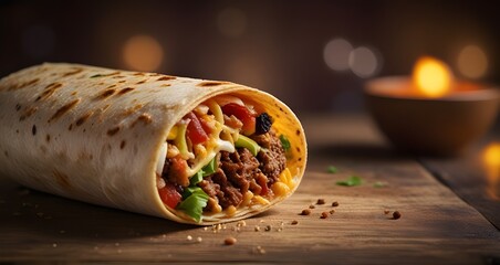 Tortilla wrap with meat, vegetables and cheese on wooden table