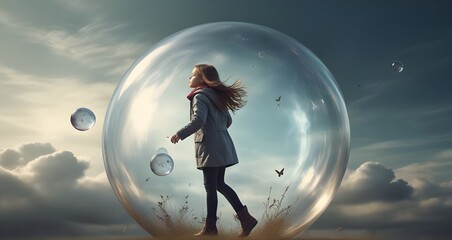 Little girl playing with soap bubbles in the field. 3d rendering